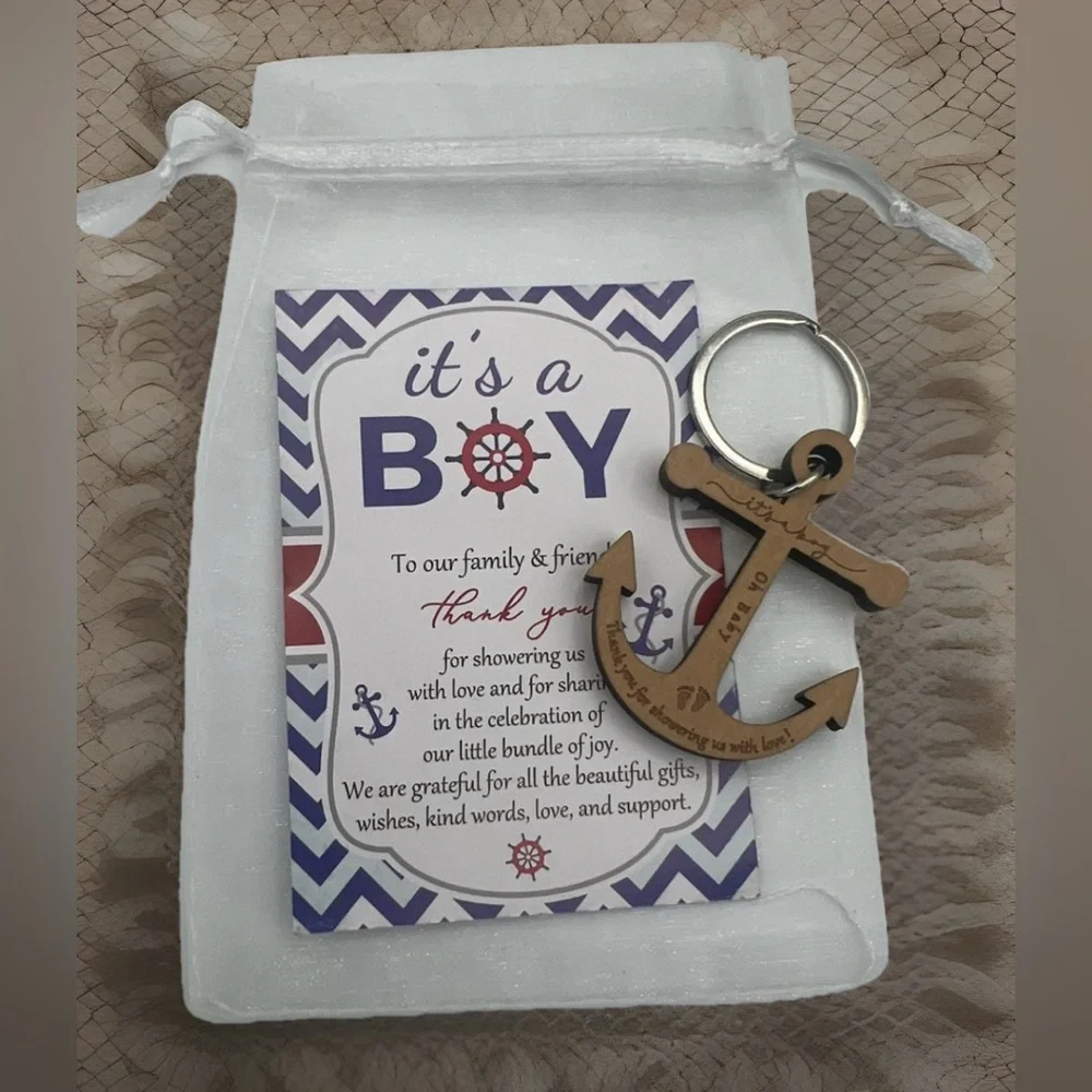 It's A Boy Anchor Keychain 50 Nautical Baby Shower Thank You Cards - Gift Sets